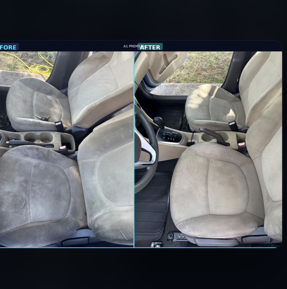 Before and after of stained cloth front seats