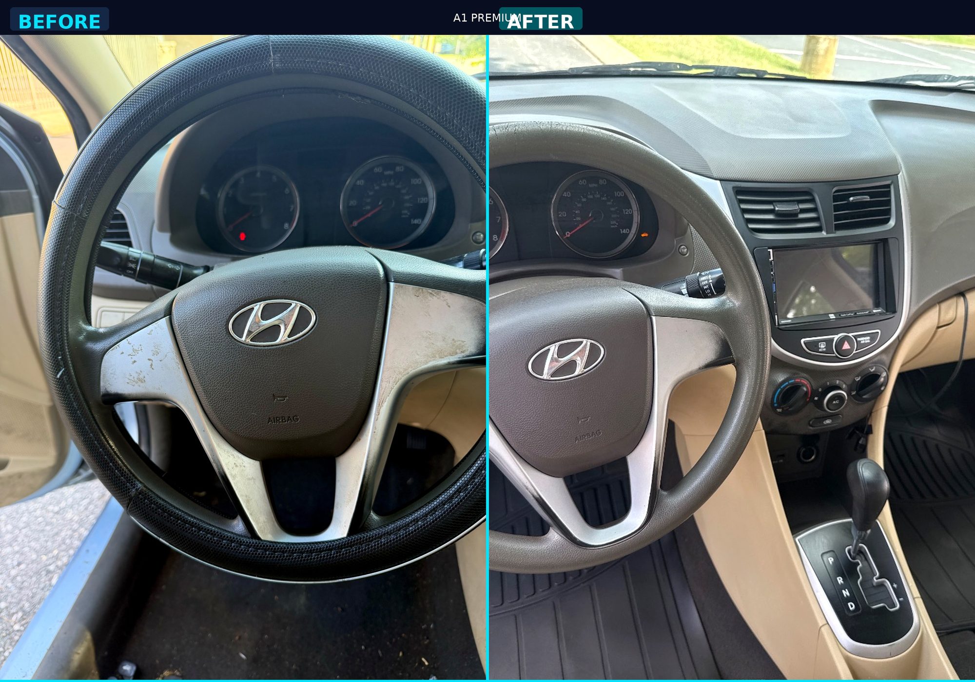Before and after — 2011 Hyundai Accent steering and dash, Interior Detail.