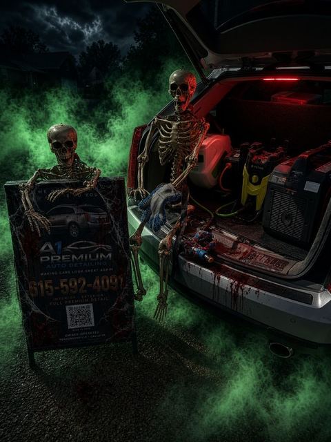 Two skeletons by an open trunk in green fog with an A1 Premium sign