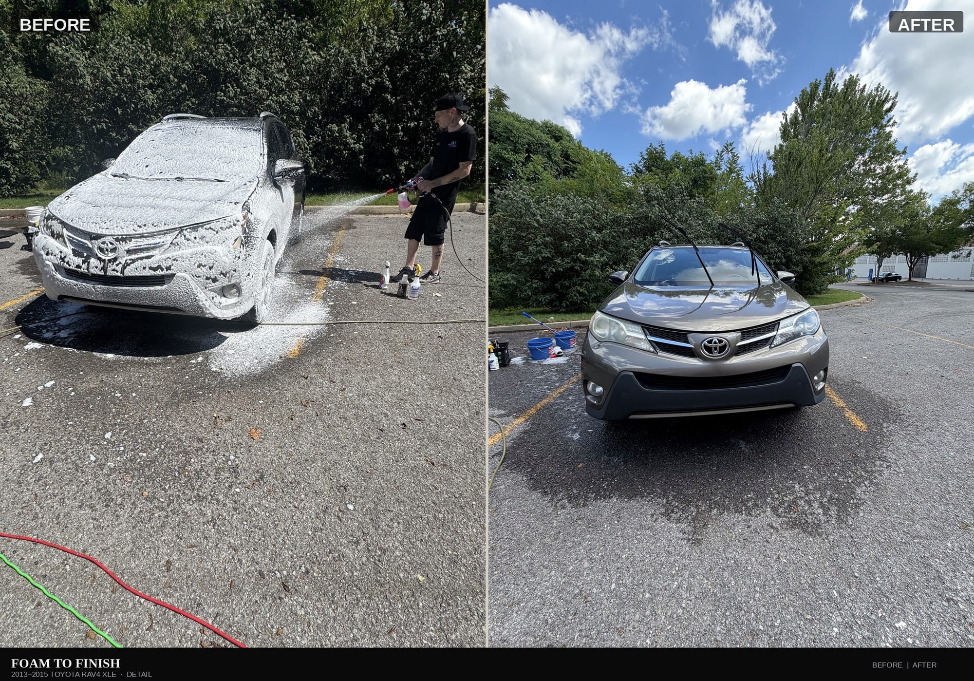 Before and after — Toyota RAV4 covered in snow foam, then finished exterior