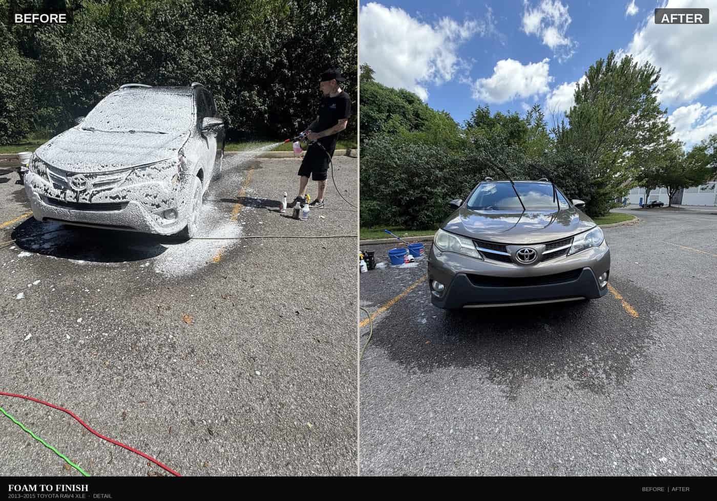 Toyota RAV4 covered in foam, then clean after the wash